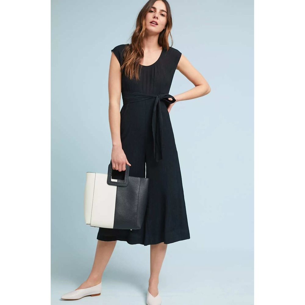 Anthropologie Abbey Jumpsuit Black Crinkle Wide Leg Cropped Tie Waist Size 10
